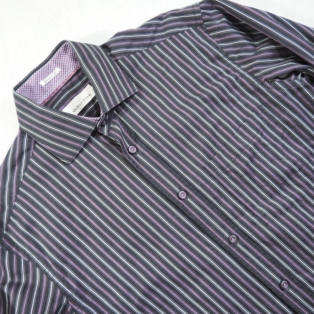 Bugatchi Sz M Black Striped Dress Shirt with Purple and White Accents